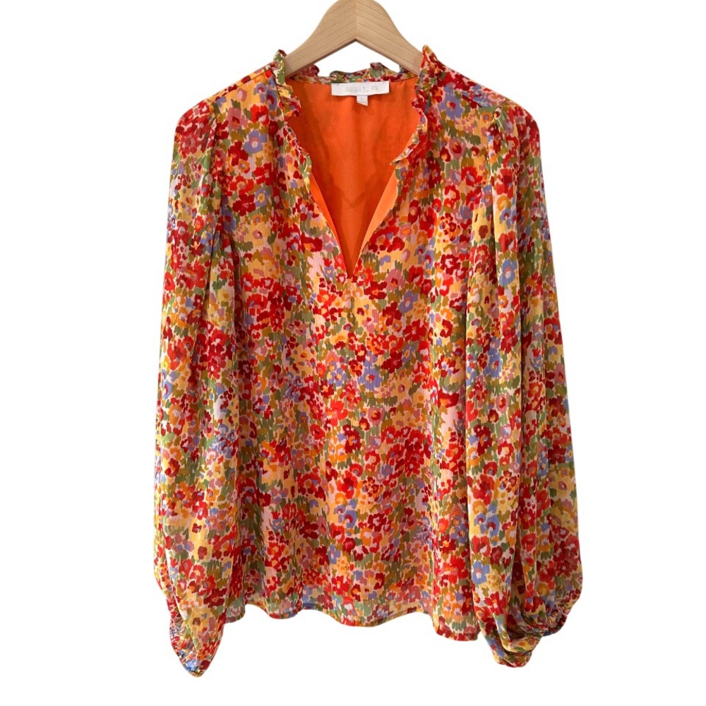 Sugarlips Hathaway floral split neck Blouse top L multicolor balloon sleeve